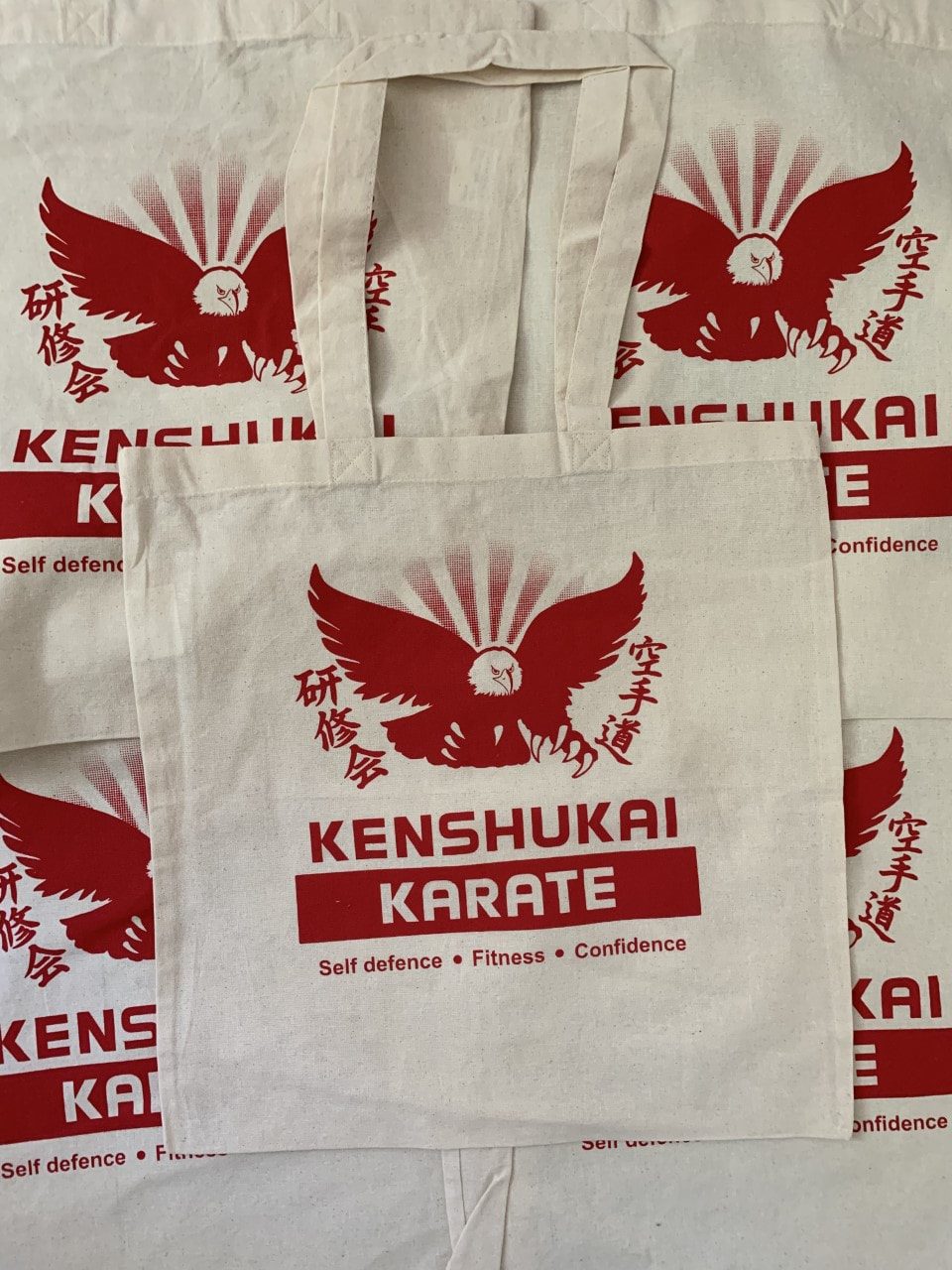 The Kenshukai Karate kit bag, white with the red eagle emblem