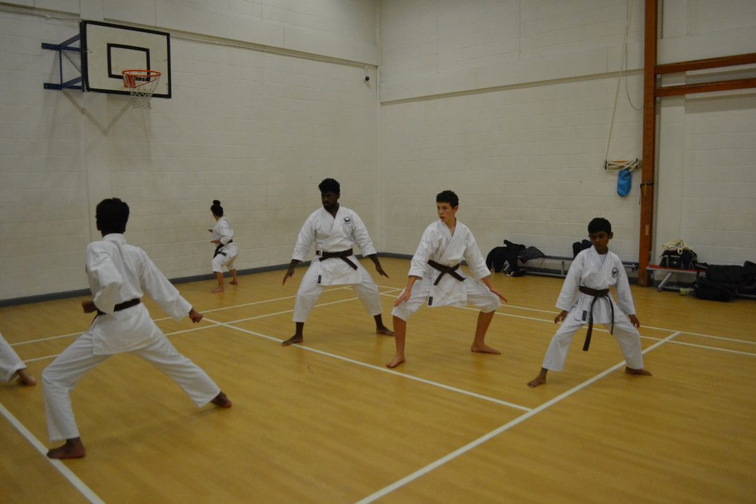 Five students performing kata in unison in a school hall