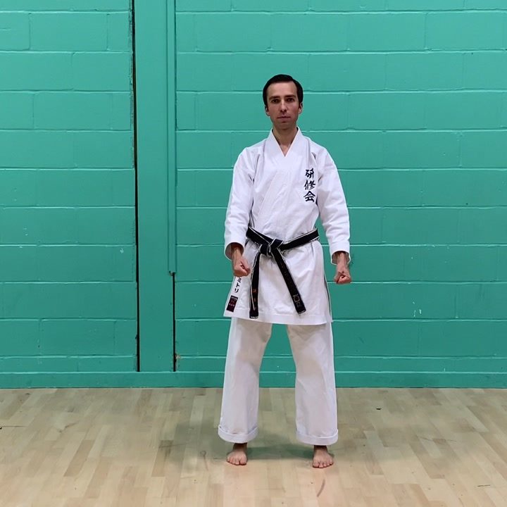 Sensei Dmitriy in a white gi and black belt, standing ready in front of a green wall