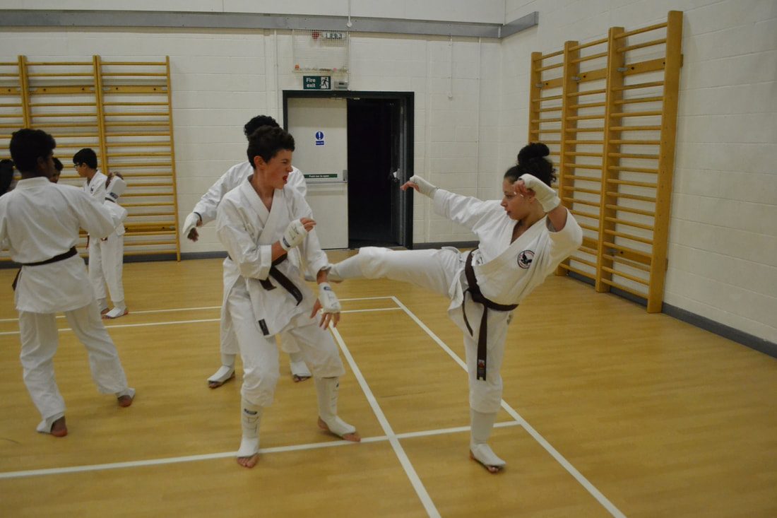A student lands a side kick during pair sparring practice with mitts